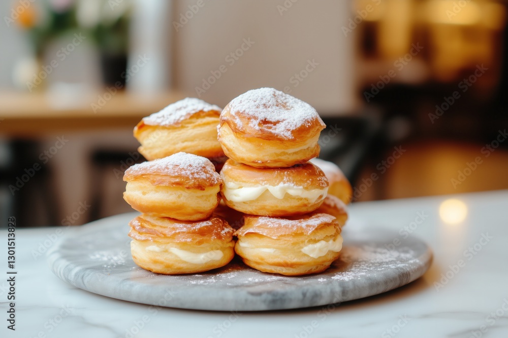 Stack of Cream-Filled Doughnuts with Powdered Sugar Stack of Cream-Filled Doughnuts with Powdered Sugar