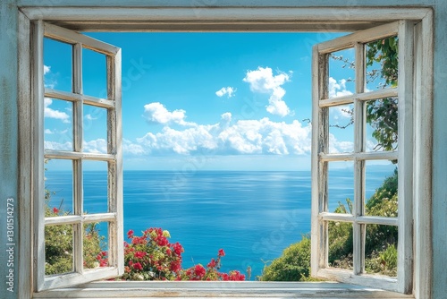 Vintage Window Ocean View - Serene coastal landscape seen through an open vintage window. Symbolizes freedom, tranquility, escape, hope, and summer