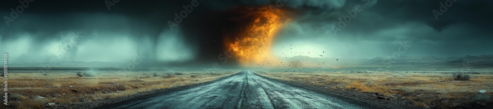 Fototapeta premium Tornado and Storm Over a Desolate Road in an Empty Landscape. Generative AI
