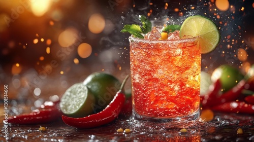 Fototapeta Naklejka Na Ścianę i Meble -  Sparkling spicy drink with lime chili peppers and fresh herbs in a vibrant setting. Generative AI