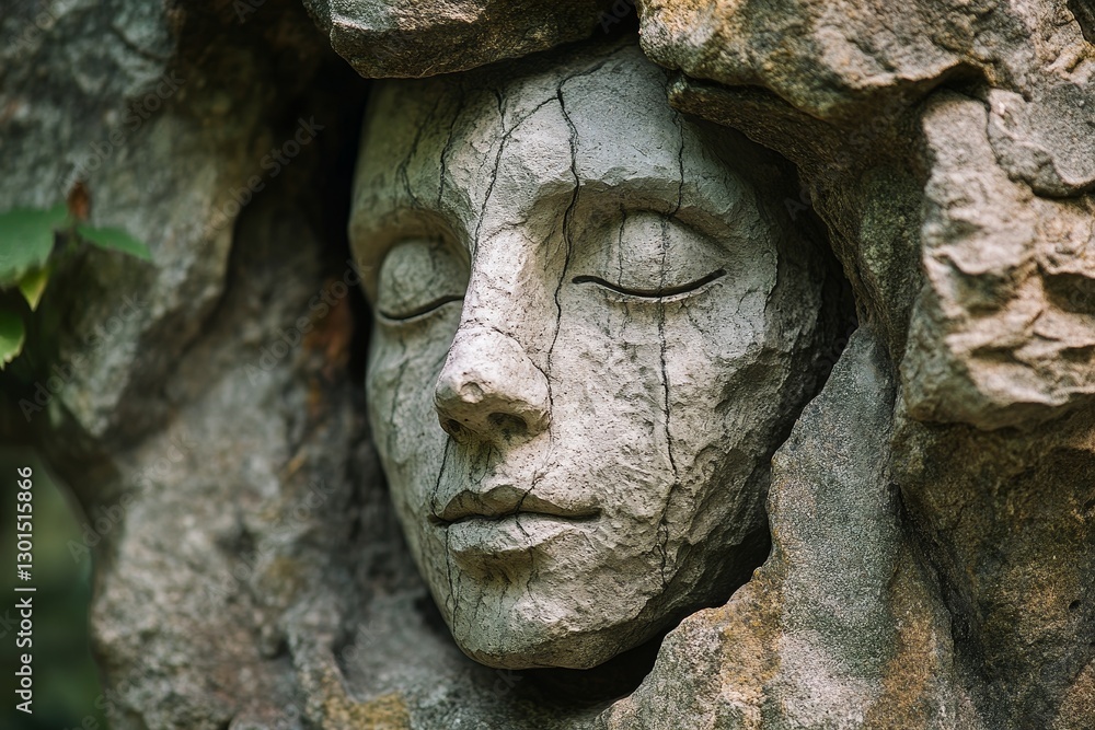 Serene Stone Face Emerging from Rock - A serene sculpted face emerges from a natural stone, symbolizing peace, tranquility, resilience, connection with nature, and hidden beauty