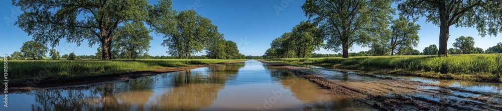 Flooded rural road lined with trees under a clear sky during the summer season. Generative AI Flooded rural road lined with trees under a clear sky during the summer season. Generative AI