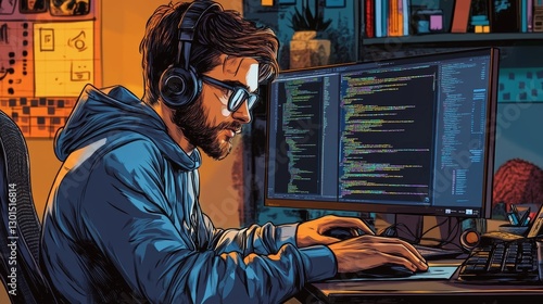 A software developer at work, illustrated in a comic book pop art style. 