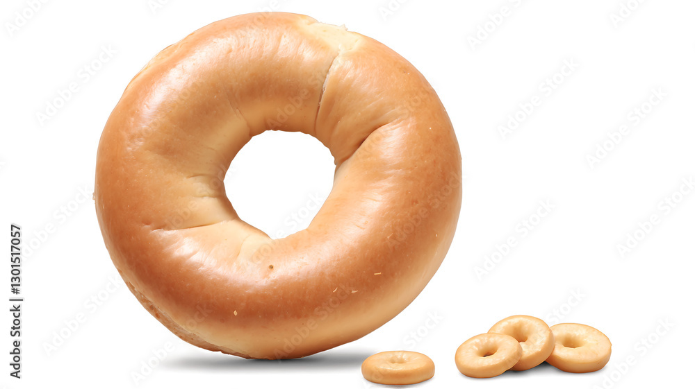 A large plain bagel with mini bagels, bakery product, food photography