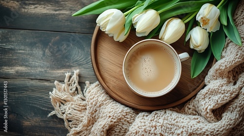 Morning Coffee With Fresh Tulips on a Wooden Table Wrapped in a Cozy Knit Bla...