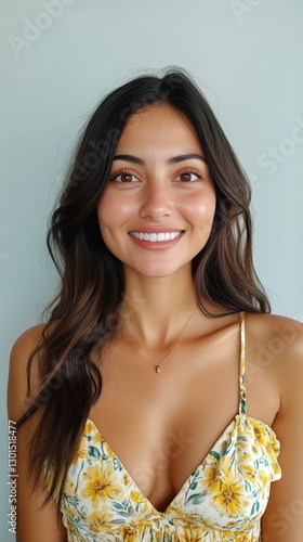 Smiling Woman With Curly Hair in Bright Dress Indoors During Daytime