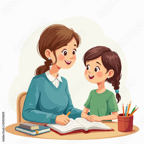 Cartoon Illustration of Mother and Daughter Homeschooling – Educational Scene with Books and Learning Together