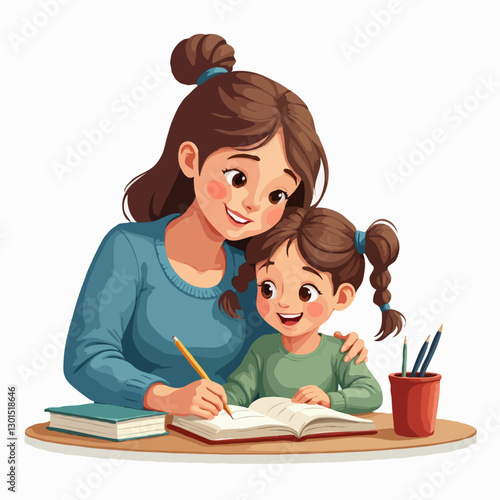 Cartoon Illustration of Mother and Daughter Homeschooling – Educational Scene with Books and Learning Together