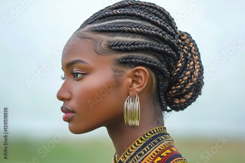 Braided Hairstyle Against Clear Sky Background Showcases Elegance and Beauty