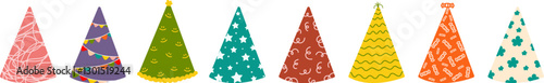 Cones for birthday, party, carnival. Bright colorful triangular caps with pompom, smileys, candies and star patterns. Holiday cute decor.