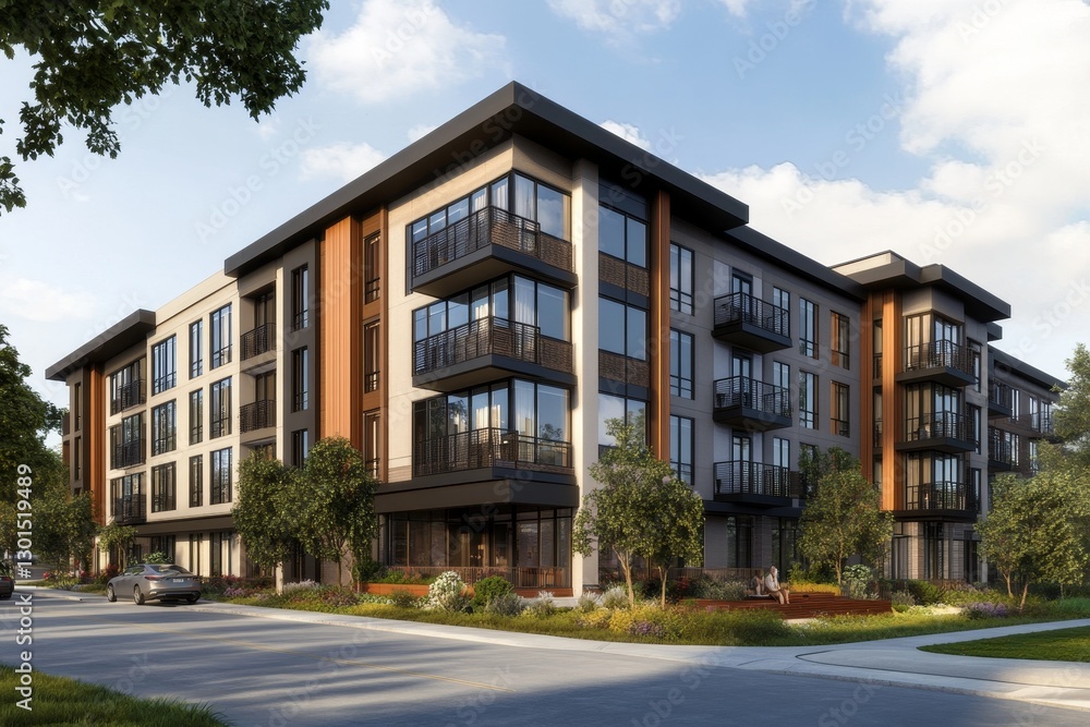 Modern Apartment Building Exterior - Stylish apartment complex showcasing modern architecture, spacious balconies, and landscaped grounds. Ideal for real estate listings Modern Apartment Building Exterior - Stylish apartment complex showcasing modern architecture, spacious balconies, and landscaped grounds. Ideal for real estate listings