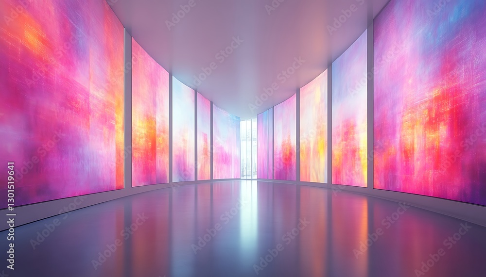 Art show in gallery with abstract displays Art show in gallery with abstract displays