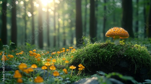 Solitary Mushroom Illuminated by Sunbeams in a Peaceful Forest Setting. Generative AI photo