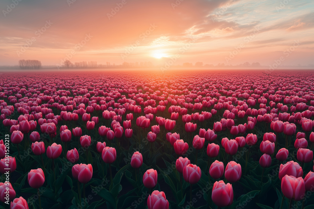 Fototapeta premium Golden light bathes a tulip field at sunrise with mist drifting gently