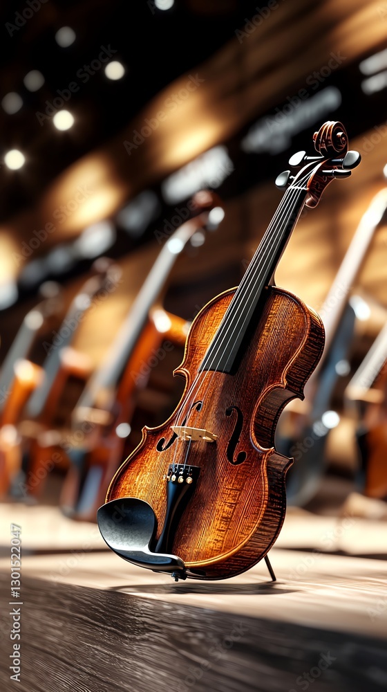 Fototapeta premium A beautifully crafted violin on display, showcasing exquisite detail and artistry in a serene environment.