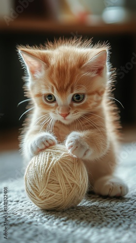Playful Kitten Engages With Yarn Ball in Cozy Indoor Setting