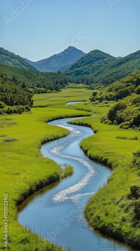 Serene Winding River in Lush Green Valley Surrounded by Mountains on a Sunny Day