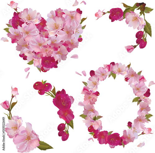 Vector spring cherry blooming heart, oval frame and branches with gentle sakura pink flowers, elements set for your design