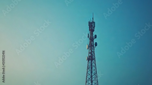Abstract antenna mast on a blue background 5G technology telecom network and telecommunication industry City communication and transmitter concept for broadcast television