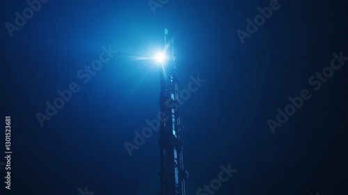Abstract antenna mast on a blue background 5G technology telecom network and telecommunication industry City communication and transmitter concept for broadcast television