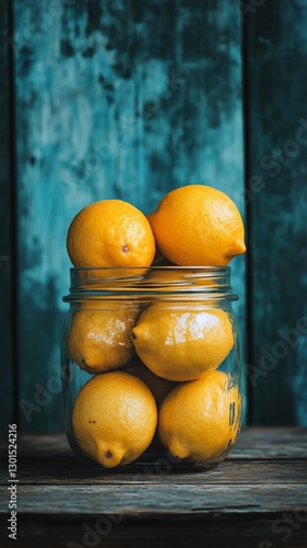 Fresh Lemons Arranged in a Glass Jar Against a Rustic Blue Wooden Background