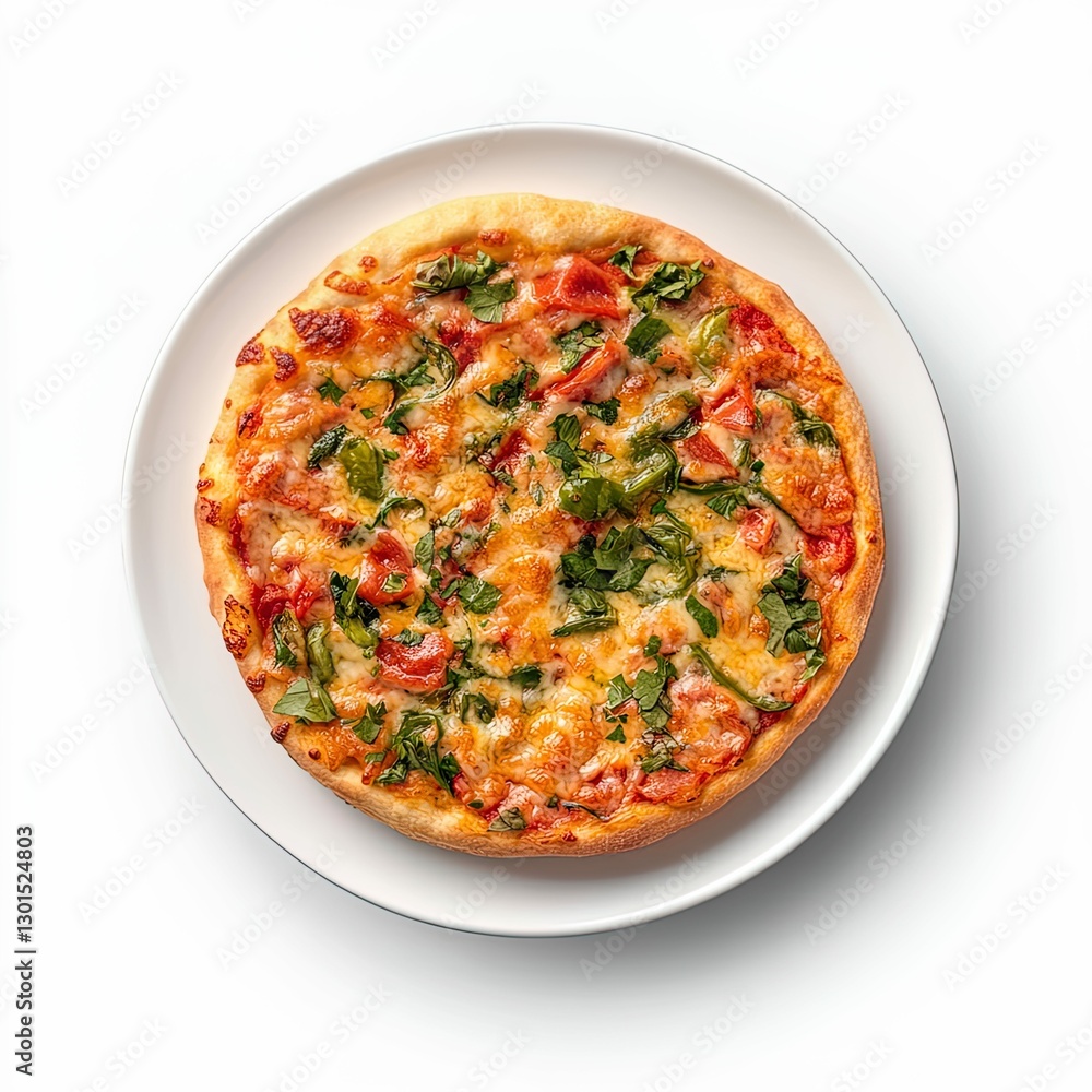 Single pizza dish presented on a clean white background. Single pizza dish presented on a clean white background.