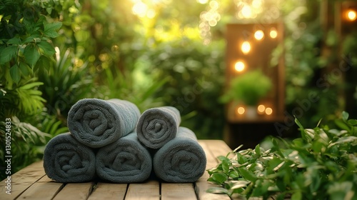 Relaxing Spa Setting With Rolled Towels and Candles During Sunset