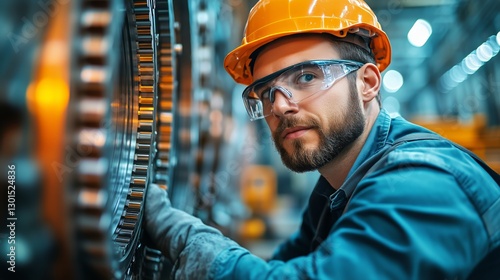 Engineer Inspecting Machinery in a Modern Industrial Facility During the Dayt...