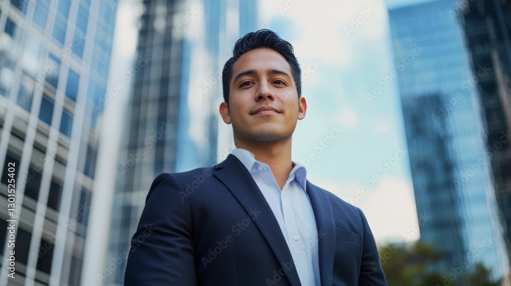 Confident Hispanic Man in Suit Against City Skyline for Business and Career Success Stories Confident Hispanic Man in Suit Against City Skyline for Business and Career Success Stories