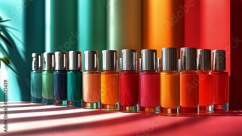 Colorful Nail Polish Collection Arranged Neatly on a Pink Surface for Creativ...