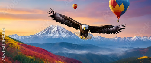 Majestic bald eagle soars above mountains near colorful hot air balloons