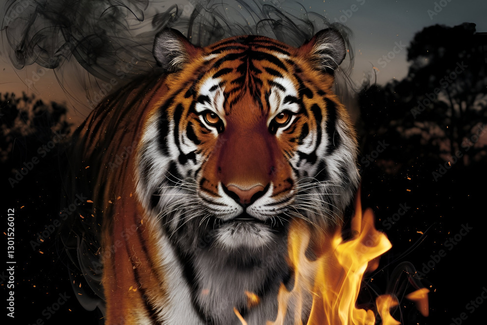 Tiger Made of Smoke Materializing from a Bonfire Tiger Made of Smoke Materializing from a Bonfire