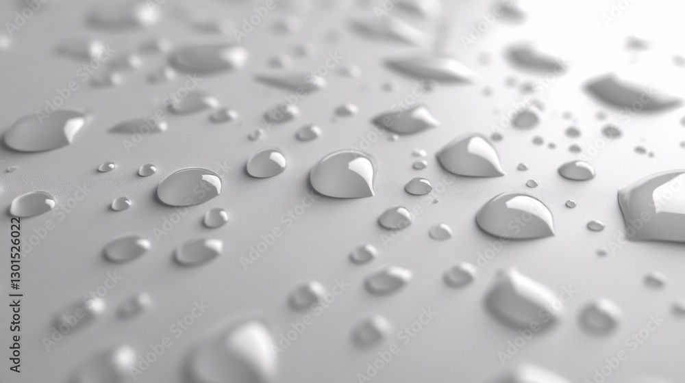 3D Close-up of Water Droplets on Smooth Surface with Reflections 3D Close-up of Water Droplets on Smooth Surface with Reflections