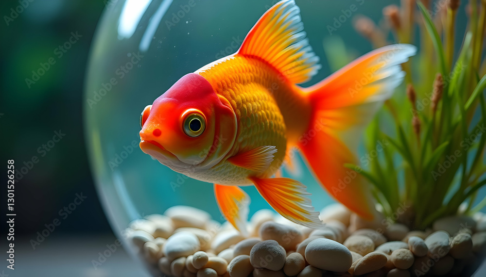 A beautiful goldfish swims inside a clear spherical glass bowl A beautiful goldfish swims inside a clear spherical glass bowl