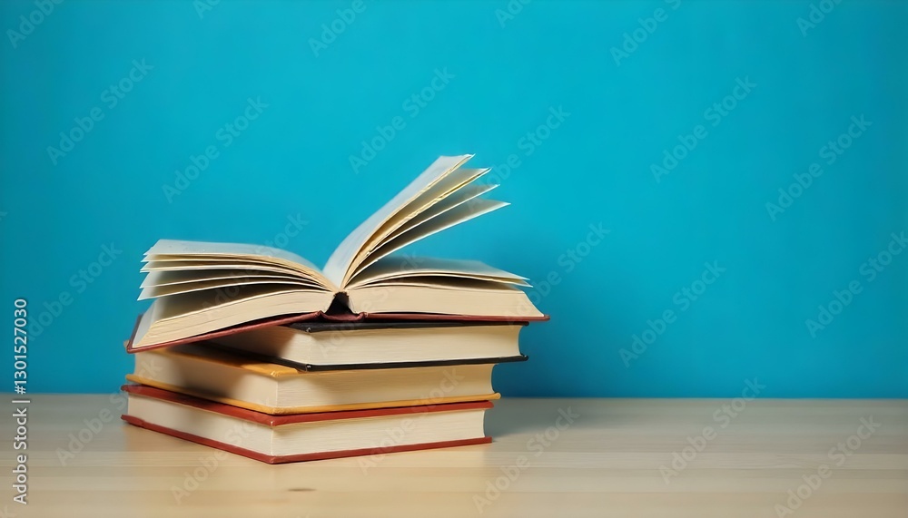 Una pila de libros sobre una mesa de madera sobre un fondo azul, el libro superior está abierto, revelando sus páginas, los libros son de varios colores Una pila de libros sobre una mesa de madera sobre un fondo azul, el libro superior está abierto, revelando sus páginas, los libros son de varios colores
