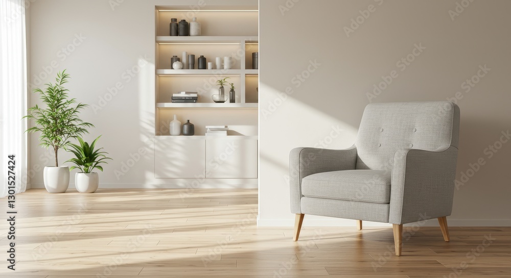 Fototapeta premium A spacious Scandinavian inspired living room with a light gray fabric armchair with wooden legs positioned against a neutral colored wall
