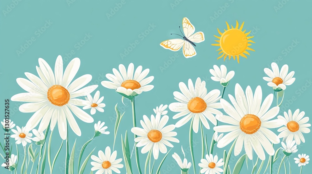Daisy and butterfly with a sun in every daisy. Design for fashion, posters, stationery, phone cases, and more. Spring and summer fashion trend. Daisy and butterfly with a sun in every daisy. Design for fashion, posters, stationery, phone cases, and more. Spring and summer fashion trend.
