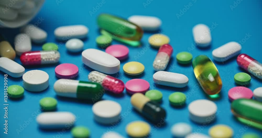 Close-up image of multi-colored tablets spilling out of open bottle onto blue surface Close-up image of multi-colored tablets spilling out of open bottle onto blue surface