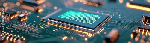 Close-up view of a microprocessor on a circuit board, showcasing intricate details and modern technology.