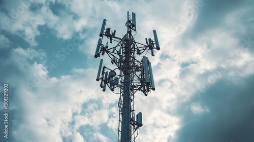 Closeup of an antenna mast with various antennas for mobile communication global network and data transfer beneath a cloudy sky