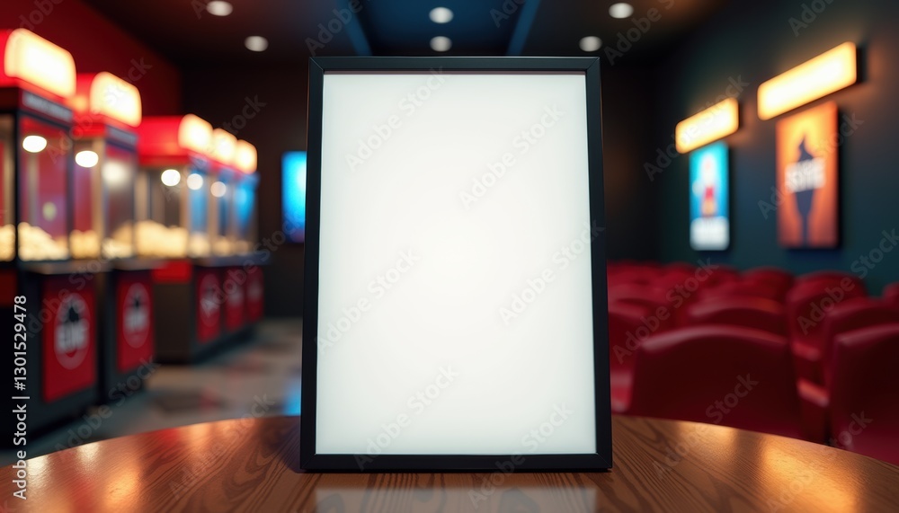 Photorealistic mockup of a blank white sheet without text on a stand placed on a table in a cinema lobby with dim ambient lighting and a slightly blurred background featuring movie posters, popcorn ma Photorealistic mockup of a blank white sheet without text on a stand placed on a table in a cinema lobby with dim ambient lighting and a slightly blurred background featuring movie posters, popcorn ma