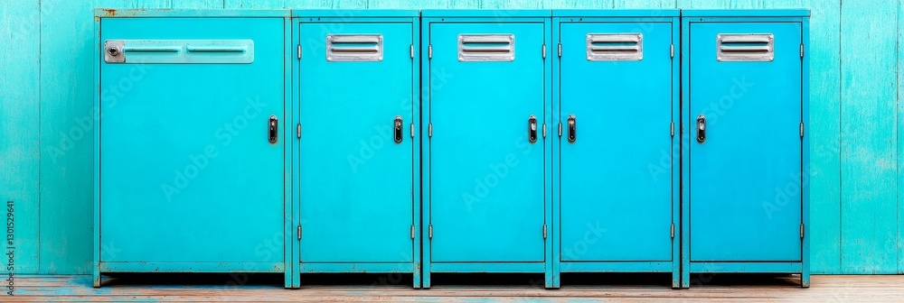 Fototapeta premium Turquoise Lockers Against Teal Wall - Row of five turquoise metal lockers against a teal wood background. Perfect for security, storage, or school themes