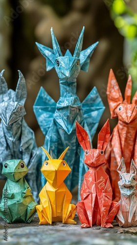 Colorful Origami Rabbits Displayed on a Table in a Sunny, Indoor Setting Duri...