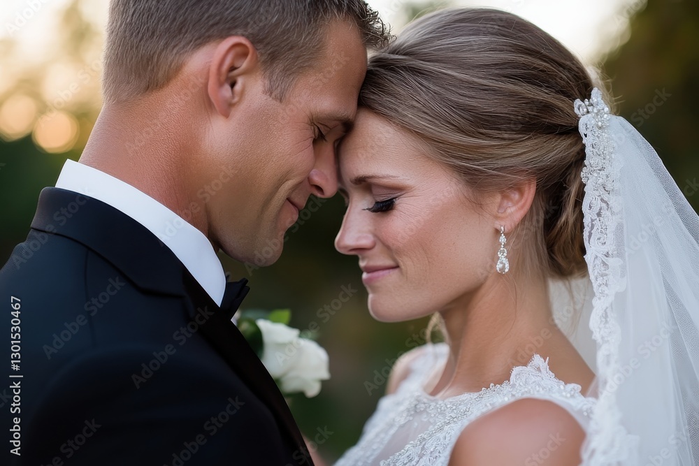 A beautiful bride and groom share an intimate moment, their foreheads touching, capturing a timeless expression of love and connection during a wedding ceremony. A beautiful bride and groom share an intimate moment, their foreheads touching, capturing a timeless expression of love and connection during a wedding ceremony.