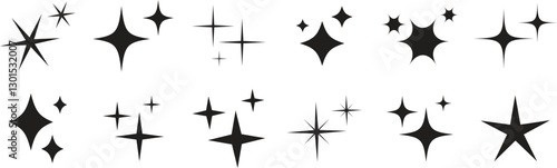 Sparkle star icon set. Retro futuristic sparkle vectors isolated on transparent background. Shining sparkle icon, Blink twinkle star shapes collection. Abstract cool shine effect sign vector design.