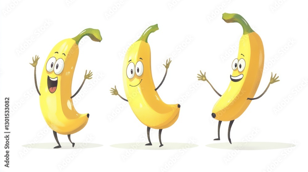 Obraz premium Cartoon Bananas, Three Poses, White Background