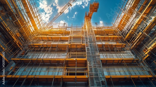 Construction Site Under a Dramatic Sky With Scaffolding and Cranes at Sunset