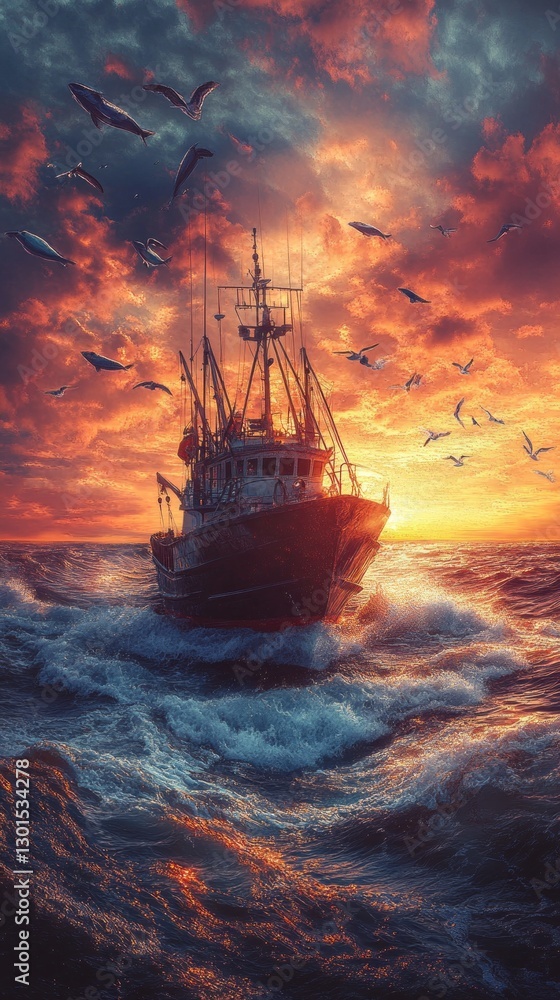 Obraz premium A fishing trawler is dragging its net through the water, ensnaring various fish. Seagulls circle above as the sun sets, painting the sky with vibrant colors