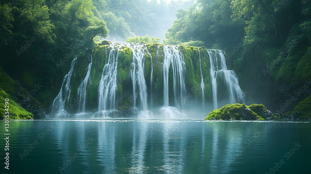 Powerful Waterfalls Tumbling Down Verdant Cliffs Dripping with Moss Into the Shimmering Waters of the Sacramento River Below Powerful Waterfalls Tumbling Down Verdant Cliffs Dripping with Moss Into the Shimmering Waters of the Sacramento River Below