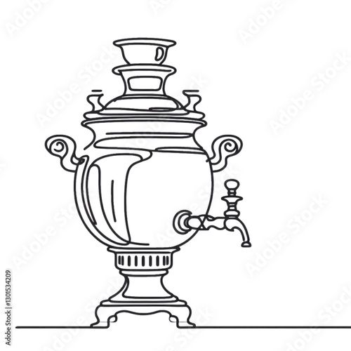 Stylish line drawing of a samovar with elegant design and functional details, cut out